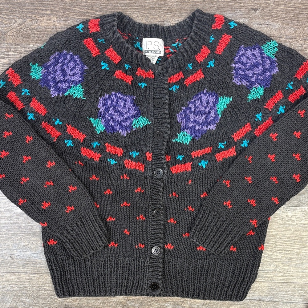 P.S. Hand-Knit Floral Cardigan Sweater Charcoal Gray with Bold Blooms Size P (S)